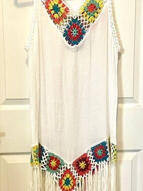 Jessica Crochet Fringe Cover-Up in White with Teal, Red & Yellow Accents